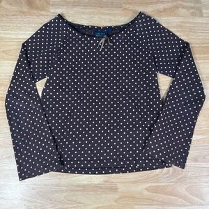 Mini Boden, Brown Polka Dot Long Sleeve T-Shirt, Bow Detail, Size 9-10Y